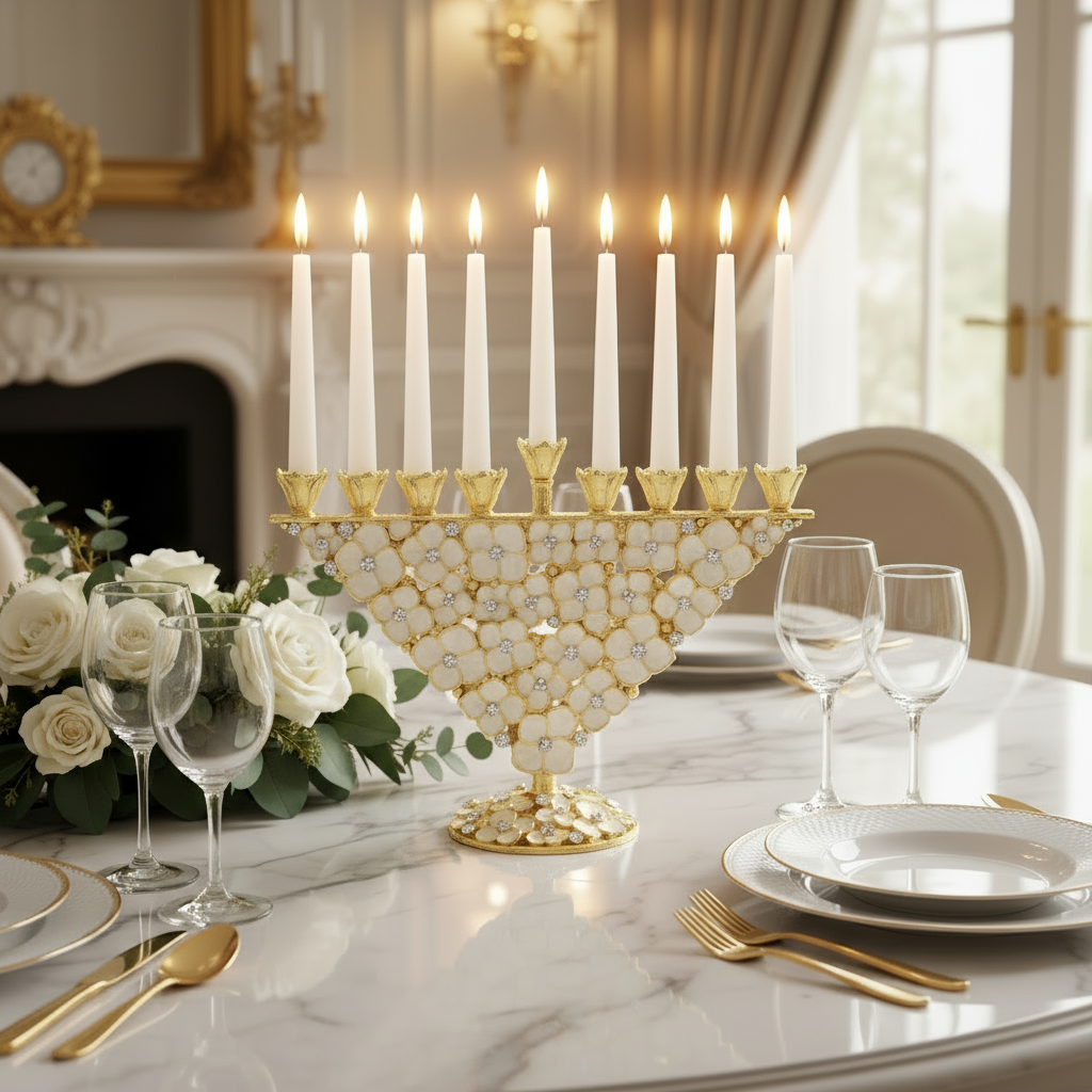 Decorative menorah with white candles on a table set for dinner in a elegant room.