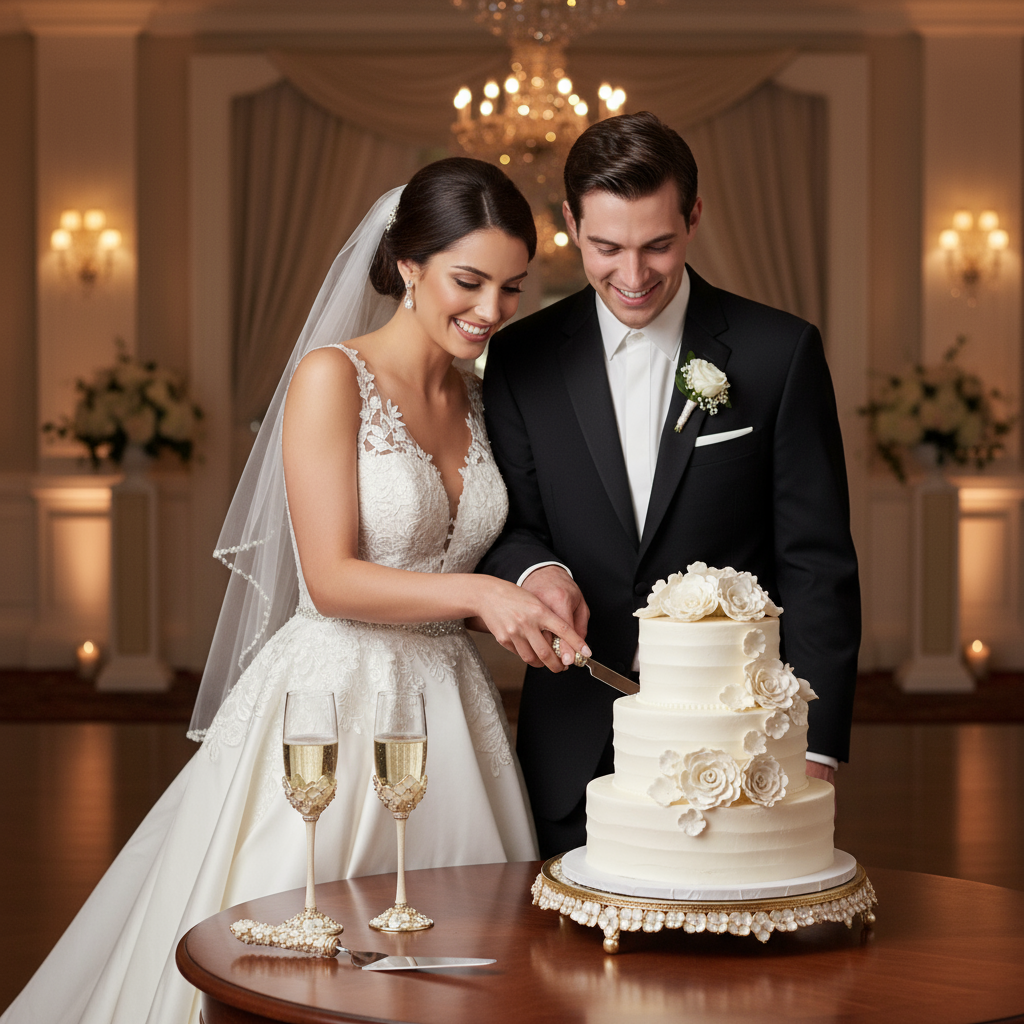 Couple cutting a wedding cake in a elegant indoor setting. Flutes, cake stand, and servers are part of the Dogwood Collection.