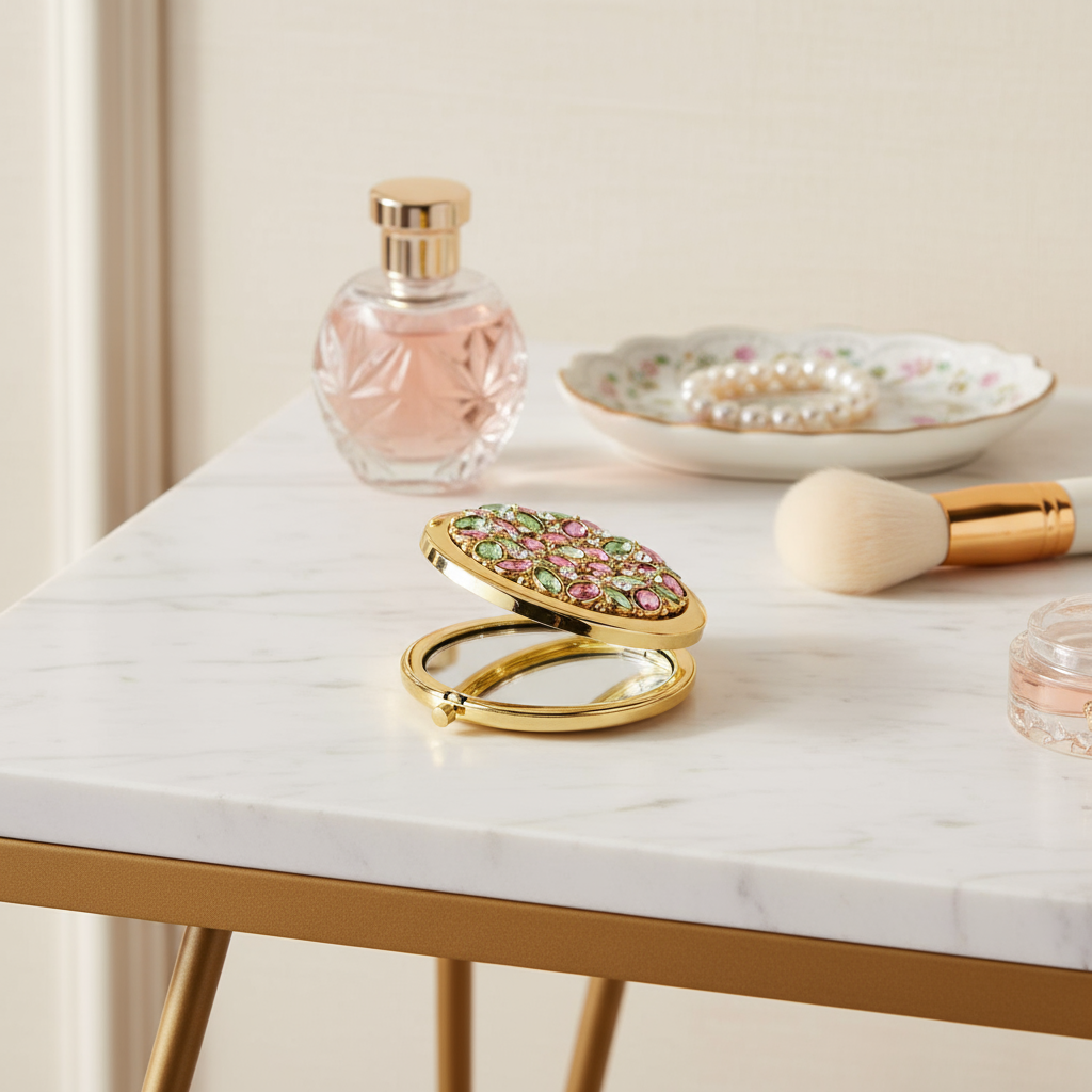 Makeup items including a Palm Caravelle compact mirror, perfume bottle, and brush on a marble surface.