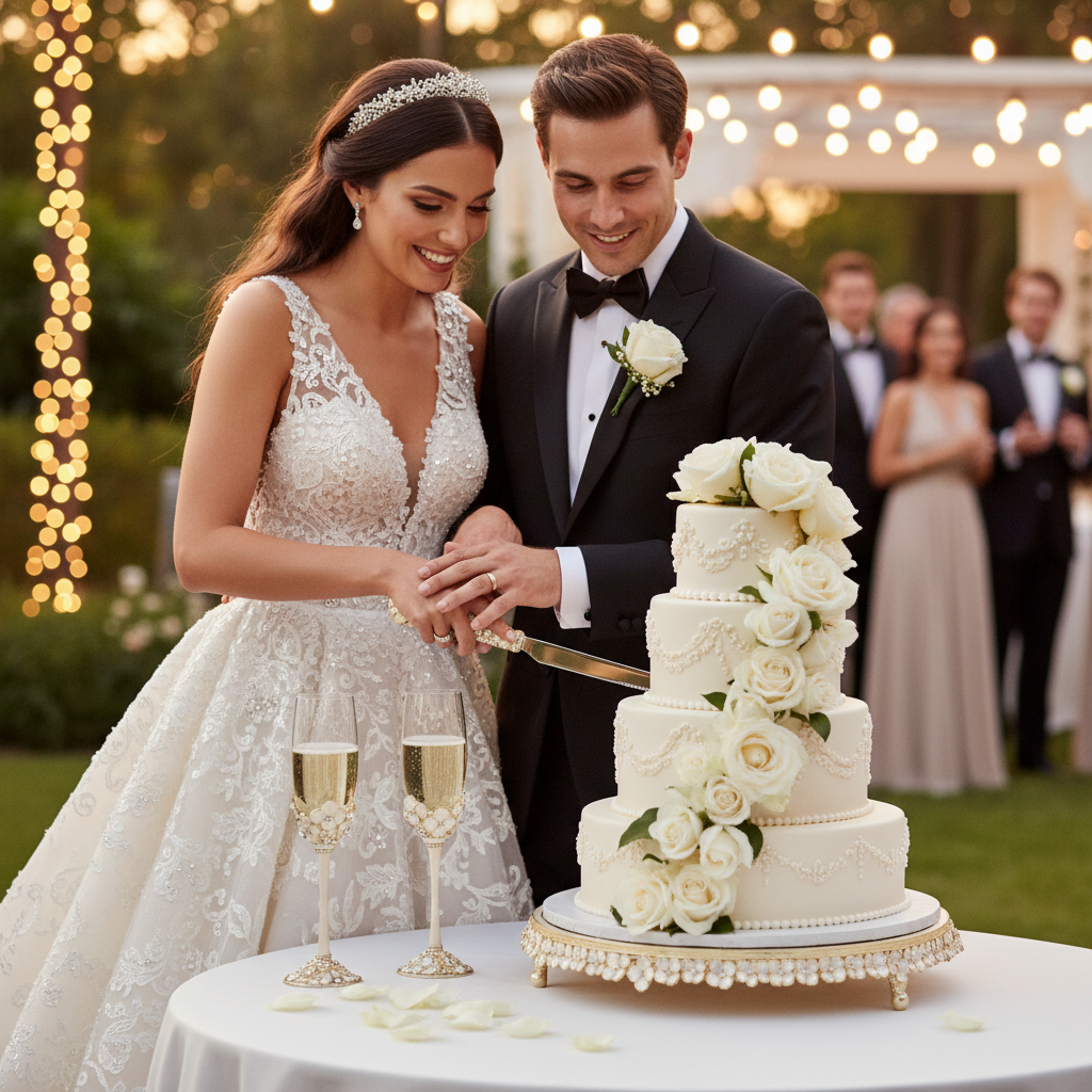 Couple cutting a wedding cake with guests in the background. Dogwood cake plateau, flutes and serving set in use.
