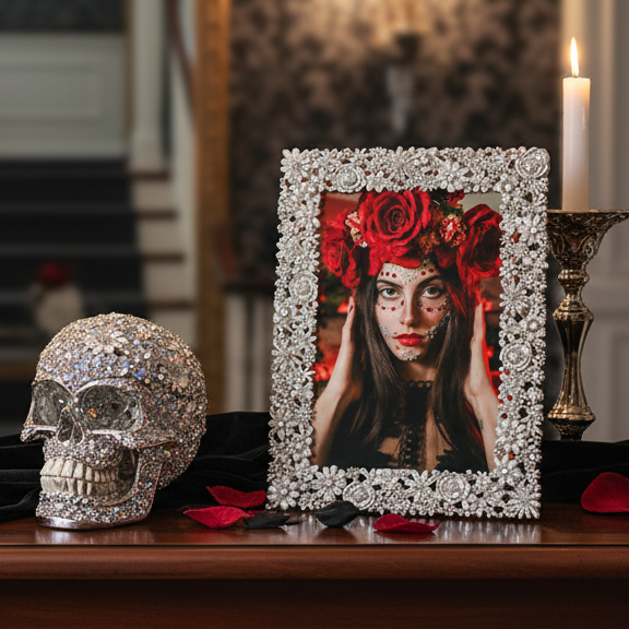 Everleigh skull box and matching frame with red flowers on a table.