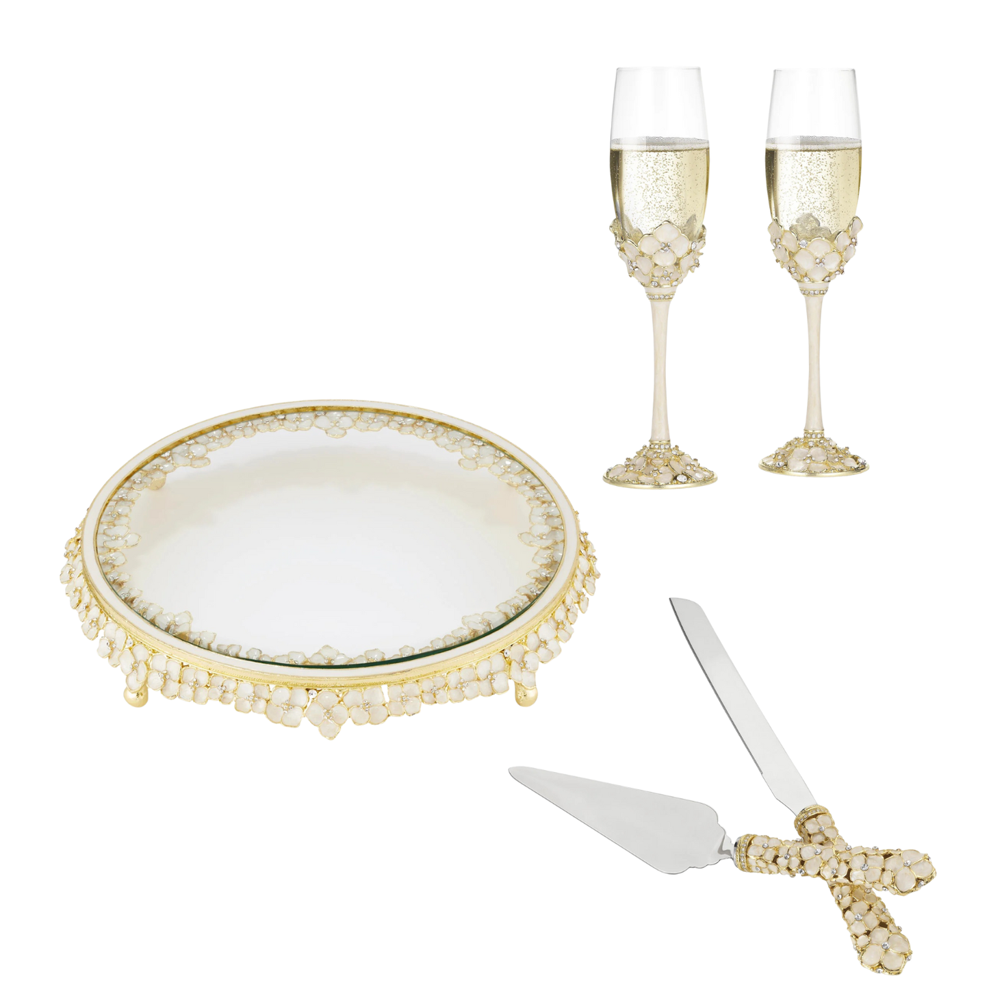 Decorative cake server set with pearl embellishments on a white background