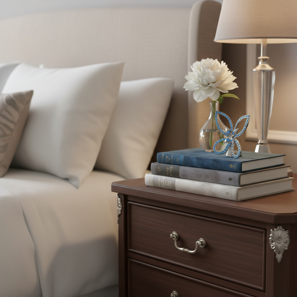 Nightstand with books, a vase with a flower, and a decorative butterfly on a bed.