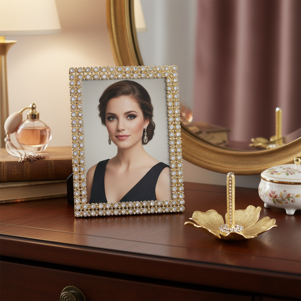 Priscilla picture frame with a portrait on a wooden surface with Botanica Ring Holder