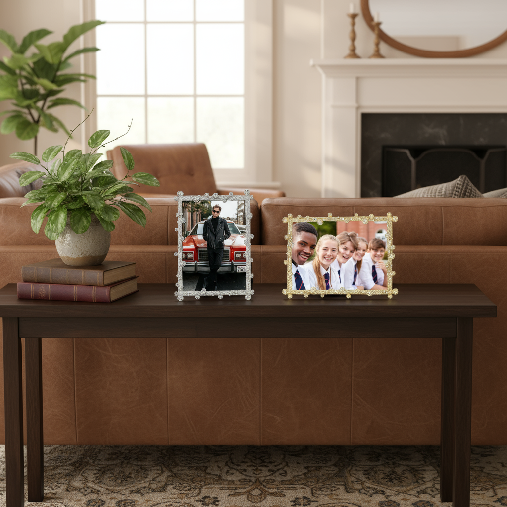 Two Pavé Odyssey frames on a wooden table in a living room setting with a couch and plant.