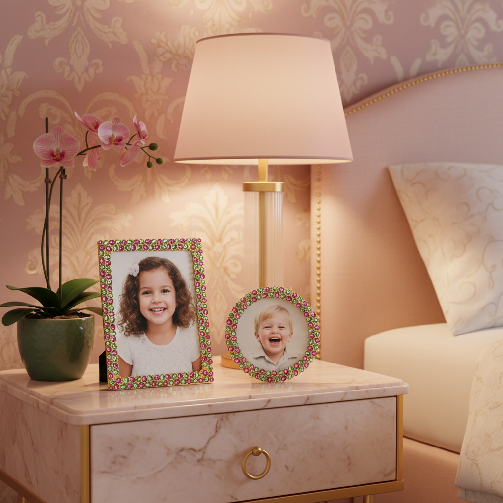 Two Palm Caravelle frames on a nightstand with a lamp and decorative pink wall paper.