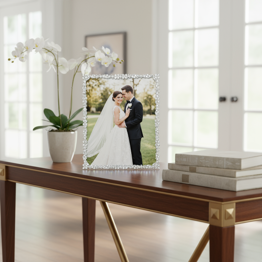 Wedding photo in a Silver Princess frame on a wooden table with a plant and books.