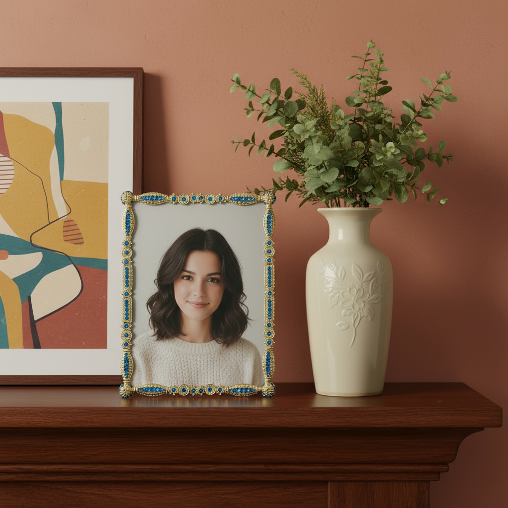 Gold frame with a portrait on a wooden mantle next to a white vase with greenery against a pinkish-brown wall.