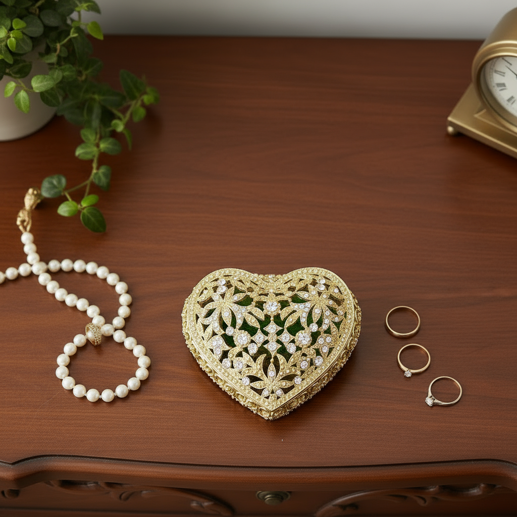 Gold Luxembourg heart box with pearl necklace and rings on a wooden dresser.