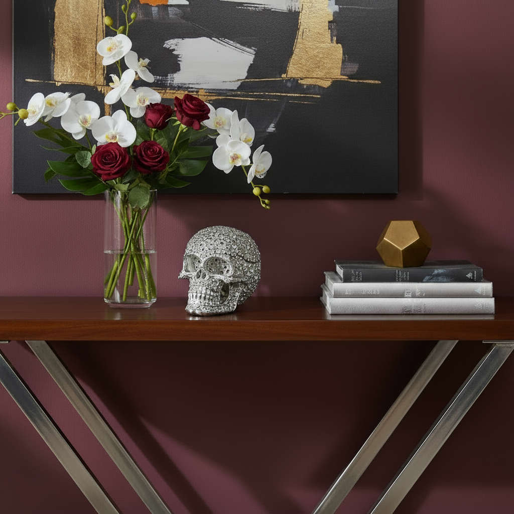 Decorative table with flowers, Everleigh skull box, and books against a maroon wall with abstract art.