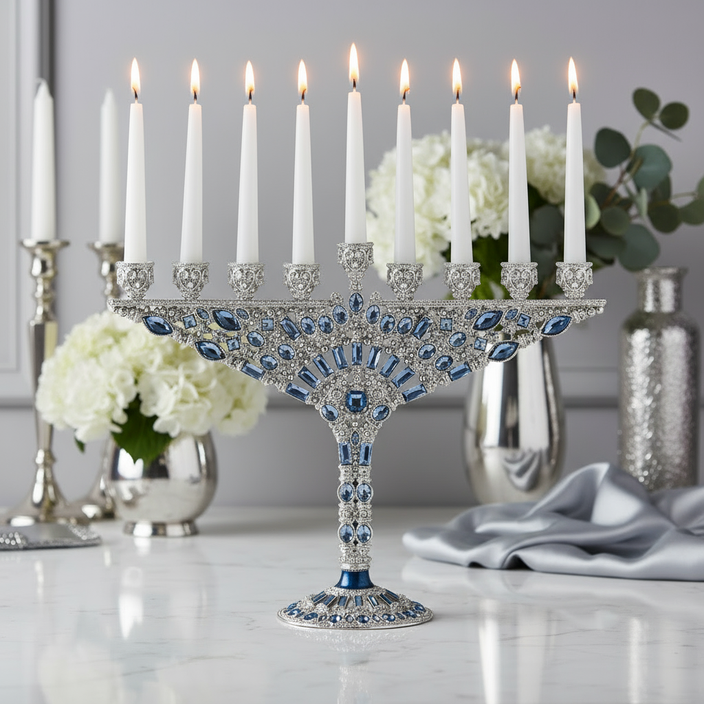 Devora menorah with blue and silver accents on a table with white candles and flowers.