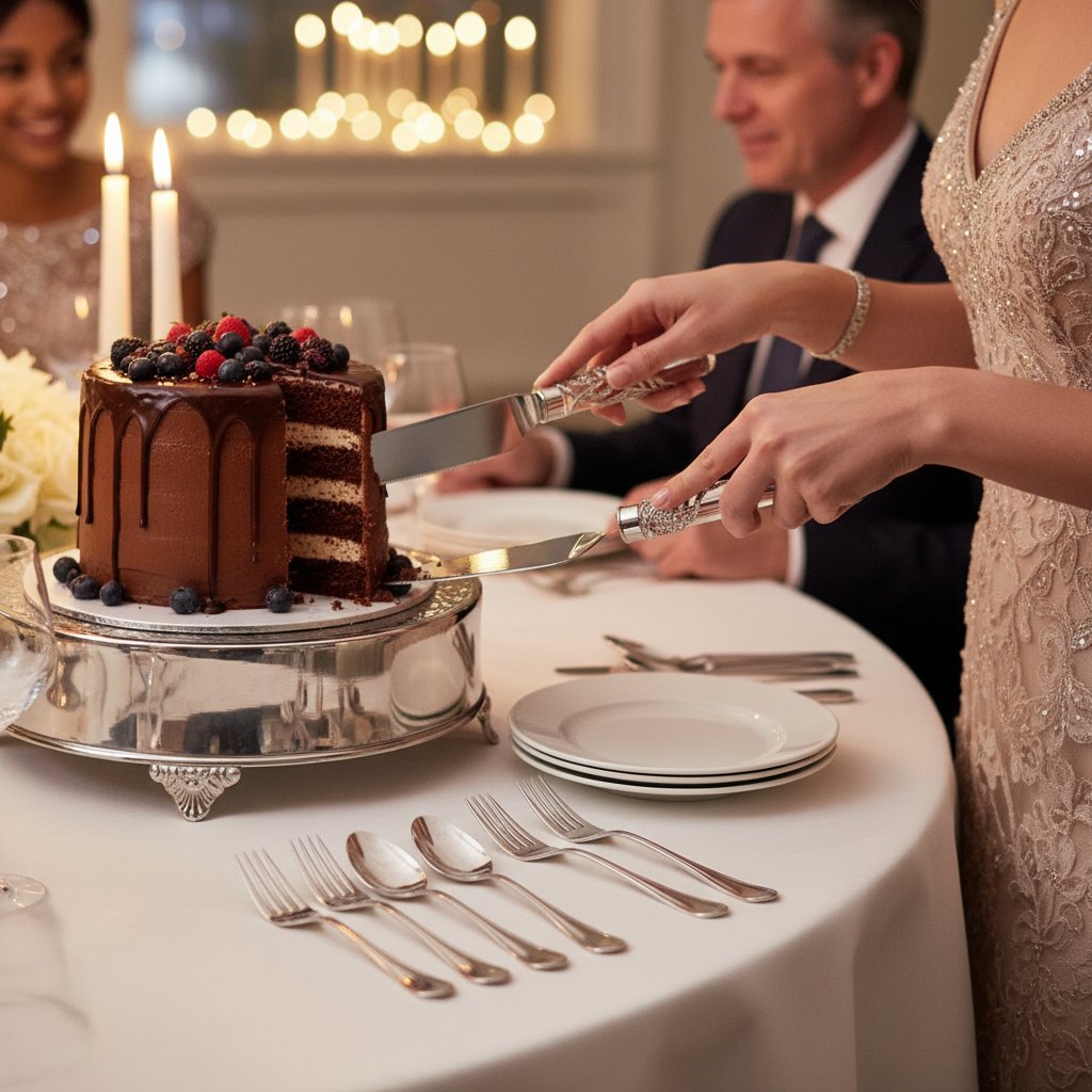 Chocolate cake with berries being cut with the Mora Dessert Serving Set at a formal party.