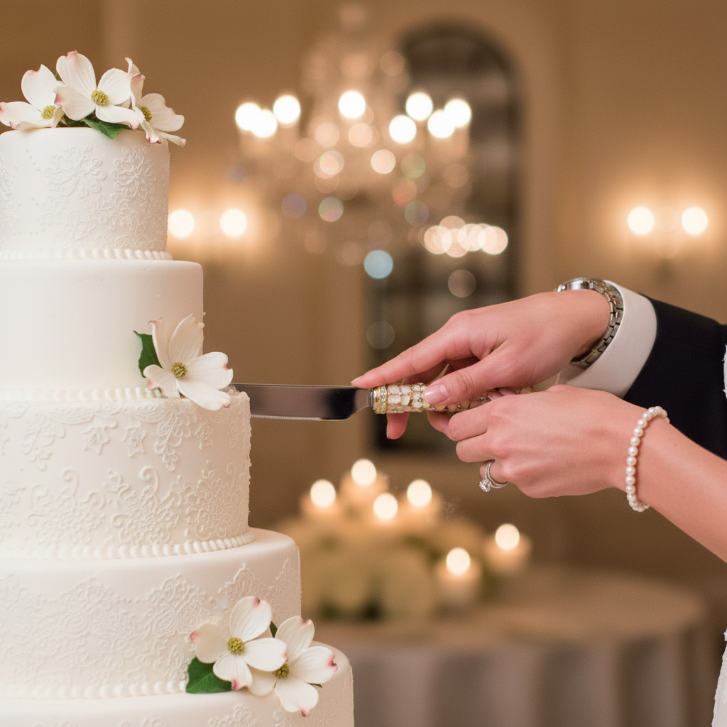 Wedding cake being cut with a Dogwood  knife, surrounded by decorative lights and flowers.