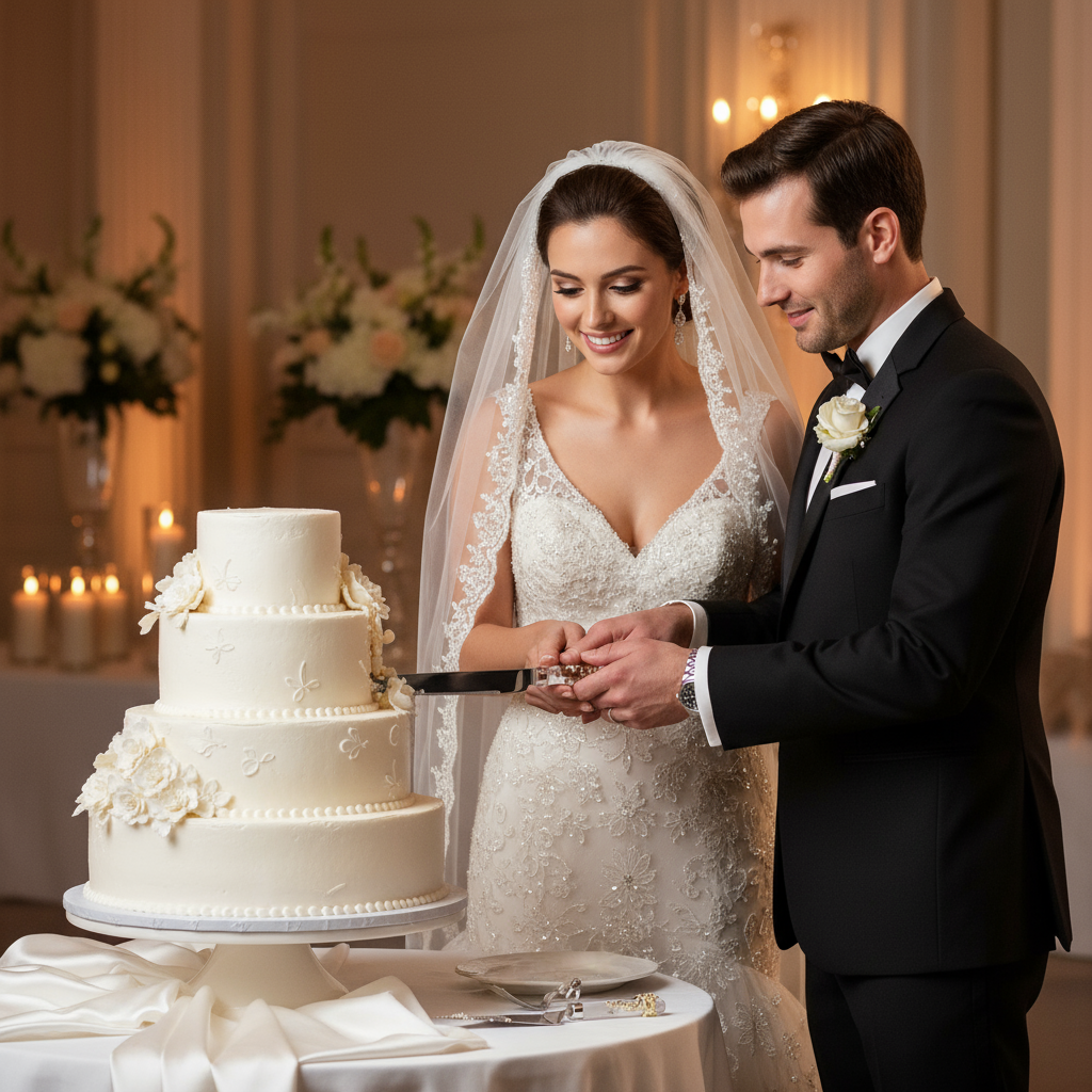 Couple cutting a wedding cake in a elegant indoor setting