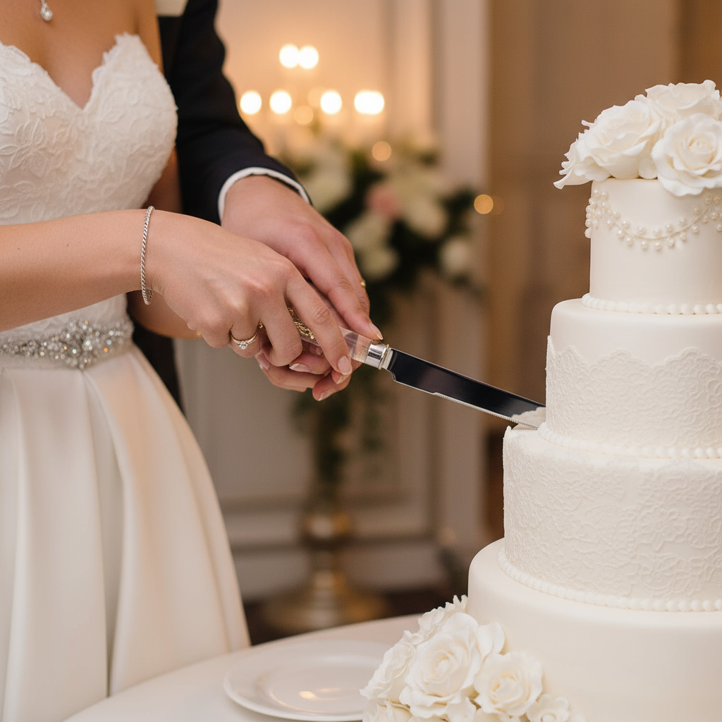 Couple cutting a wedding cake with an Eleanor knife in a decorated room.