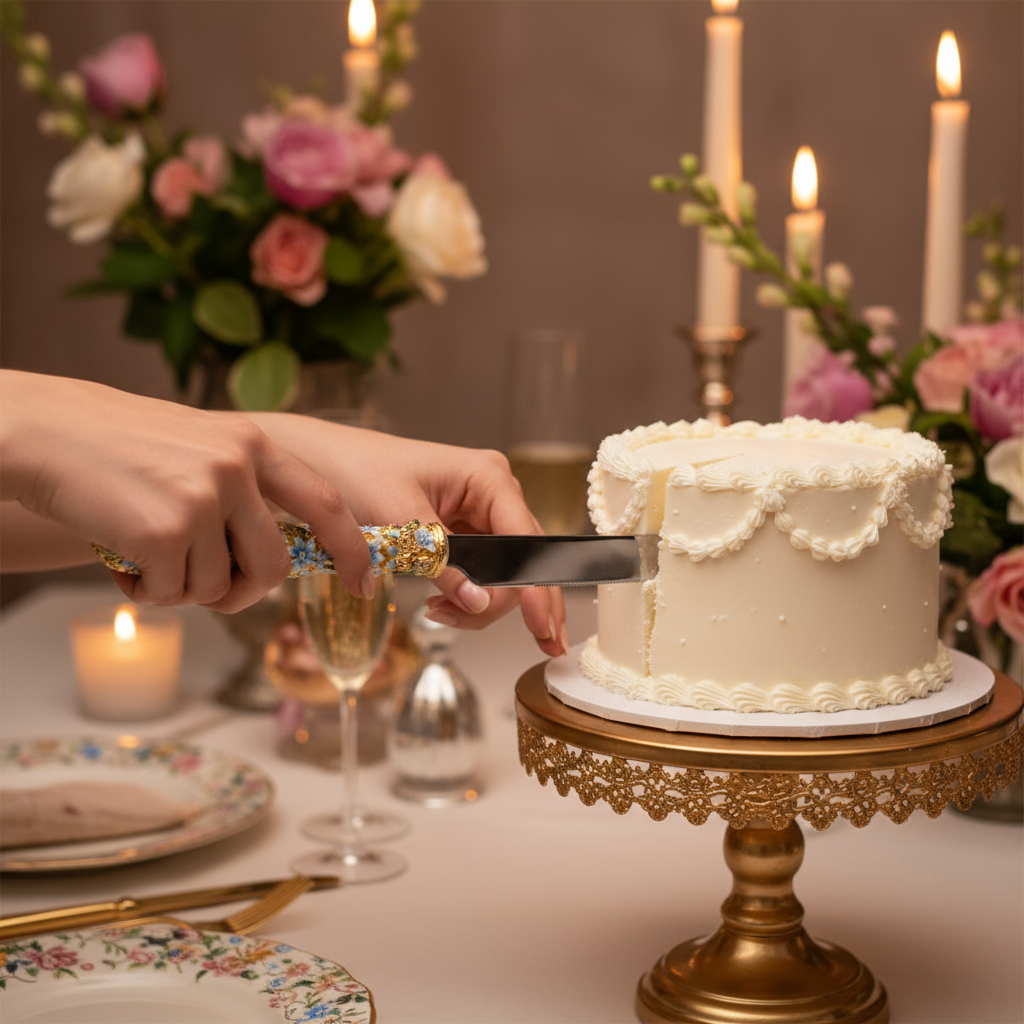 Person cutting a white cake using the Daphne Dessert Serving set.