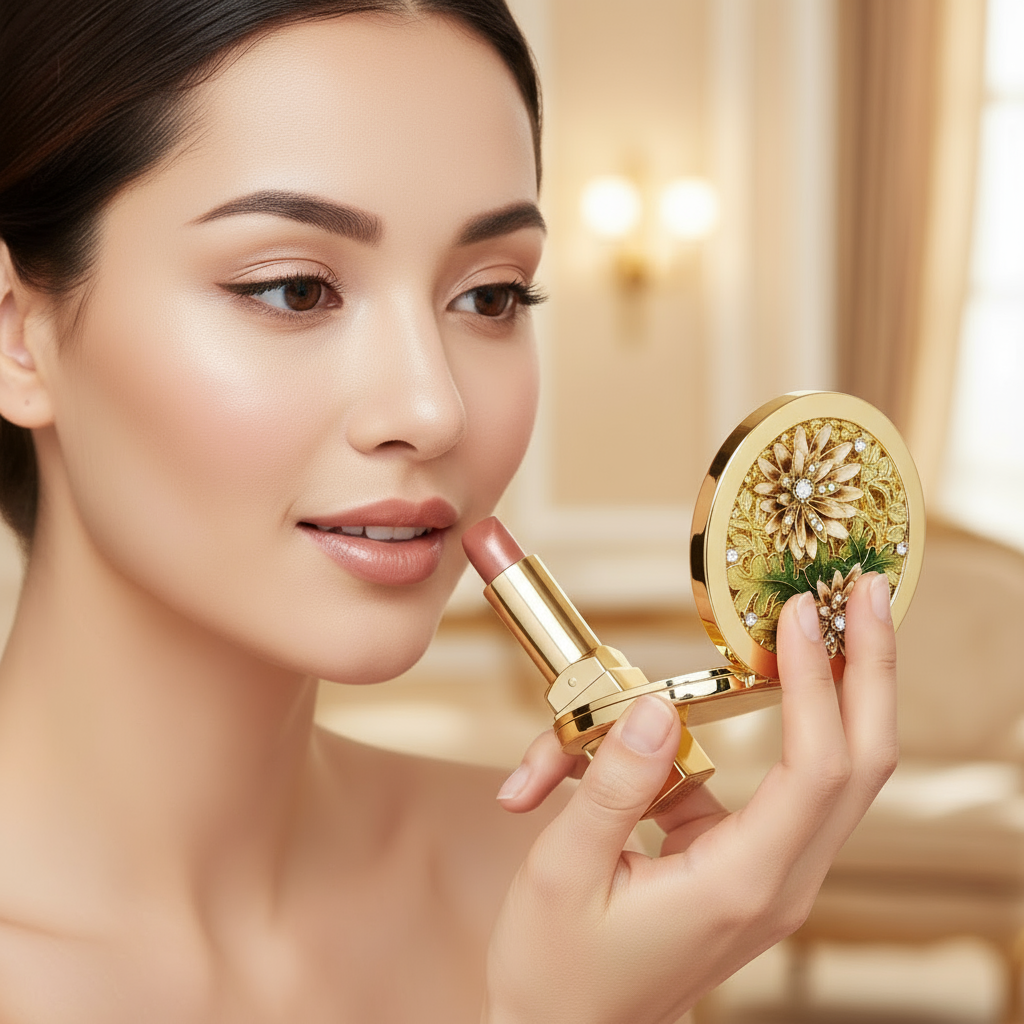 Woman applying lipstick with a Floret compact mirror.