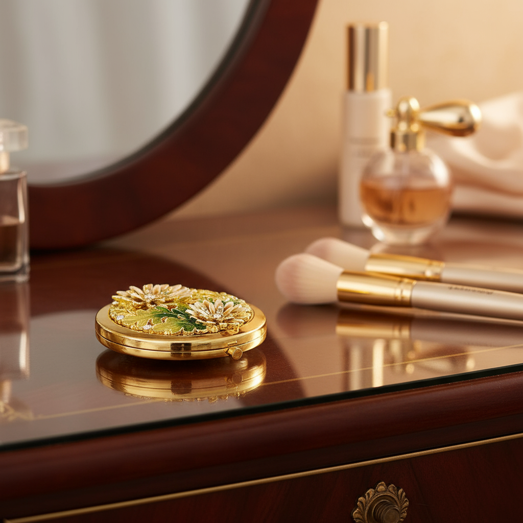 Floret compact with decorative lid on a vanity table with makeup brushes and perfume bottles.