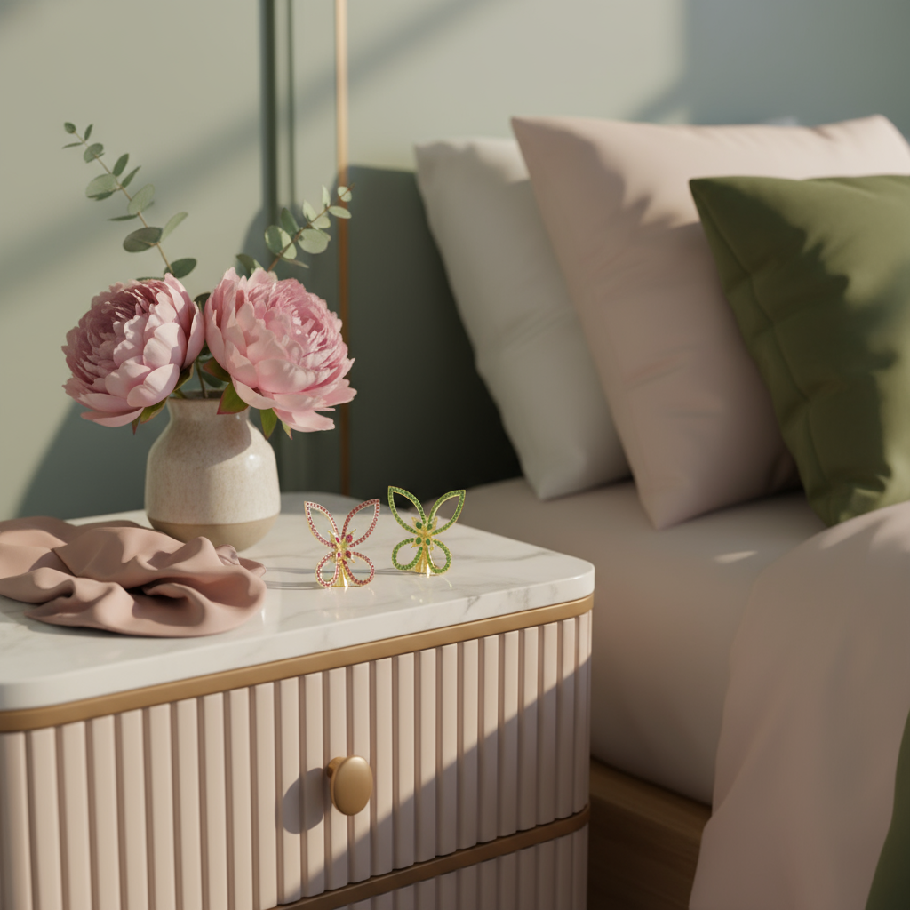 Decorative table with pink flowers, butterfly figurines, and a vase on a couch with pillows.