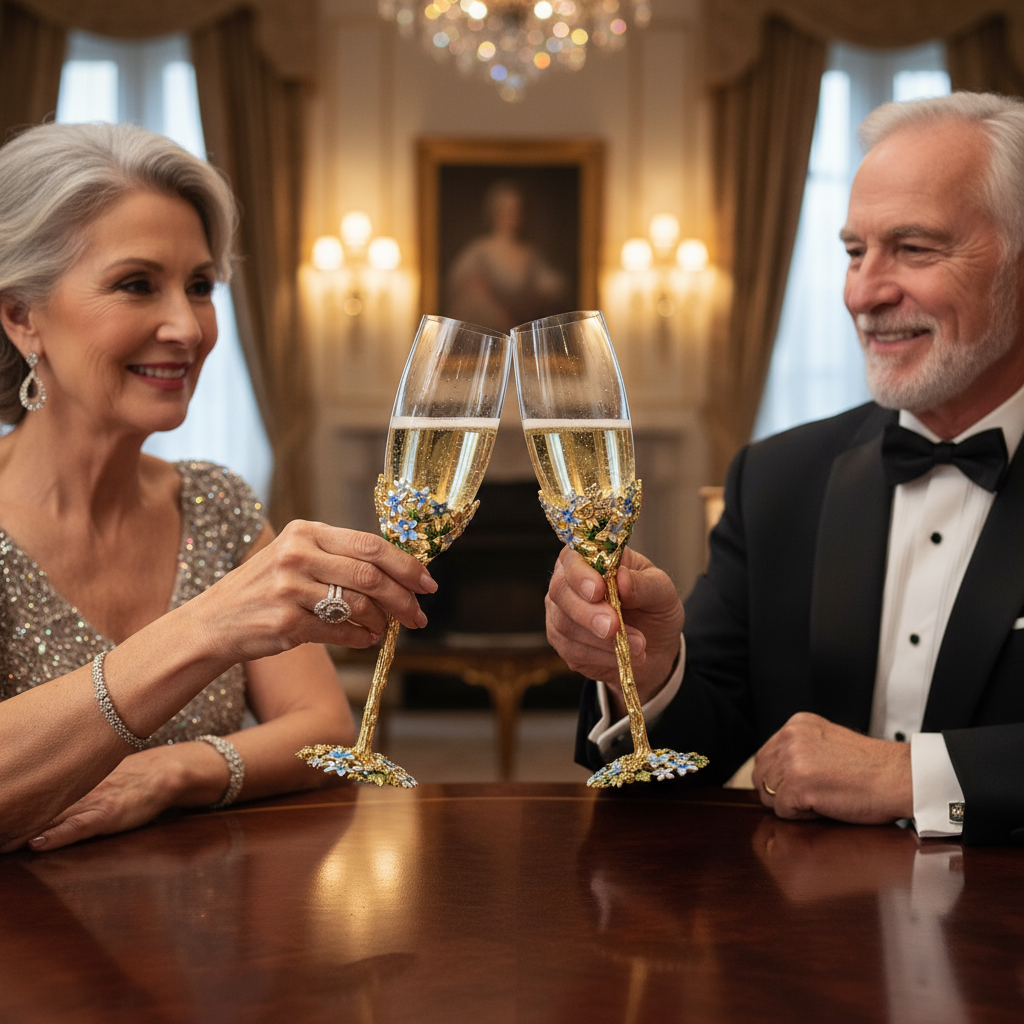 Elegant couple in formal attire toasting with champagne glasses in a luxurious room.
