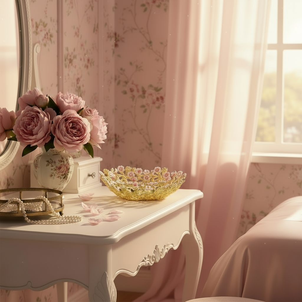 Vintage-style room with a table featuring flowers and decorative items, floral wallpaper, and sheer curtains.
