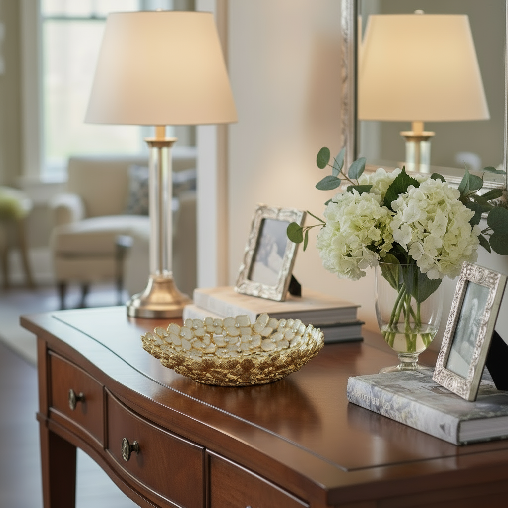 Decorative table setting with a lamp, vase of flowers, and Dogwood Catchall Tray in a home interior.