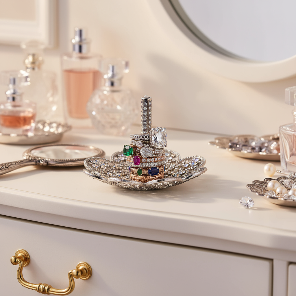 Rings stocked on the Silver Princess ring holder with perfume bottles in the background