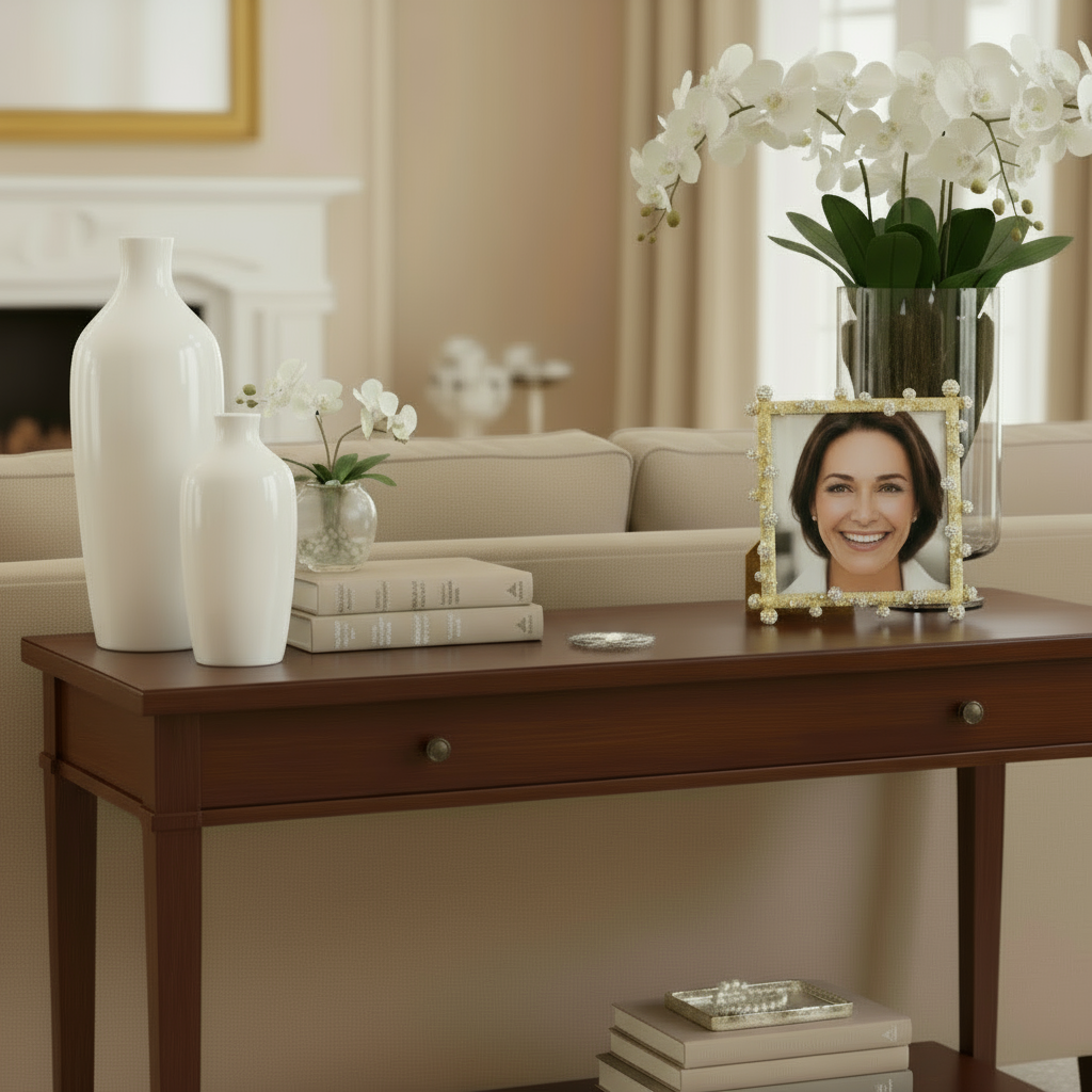 Decorative table with vases, books, and a Pavé Odyssey frame in a living room setting.