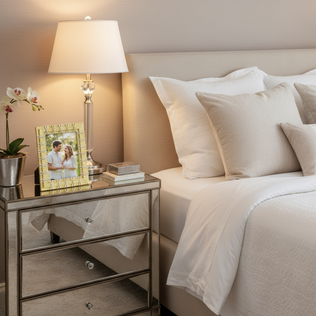 Neatly made bed with pillows, nightstand with lamp and Gold Carlyle frame in a bedroom setting.