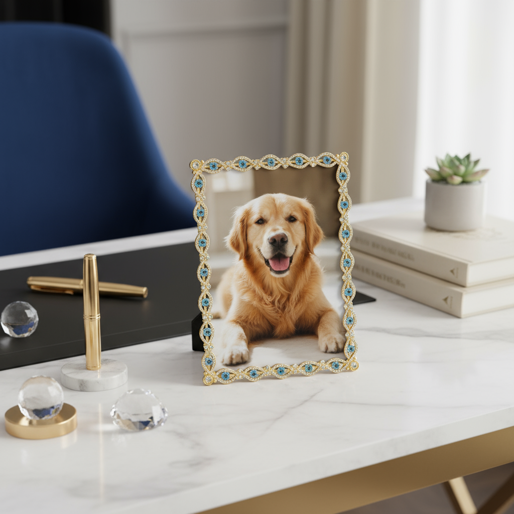 Gold Evil Eye frame with a golden retriever photo on a desk