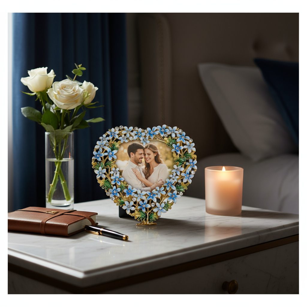 Heart-shaped photo frame with a couple's picture, surrounded by flowers and a candle on a table.
