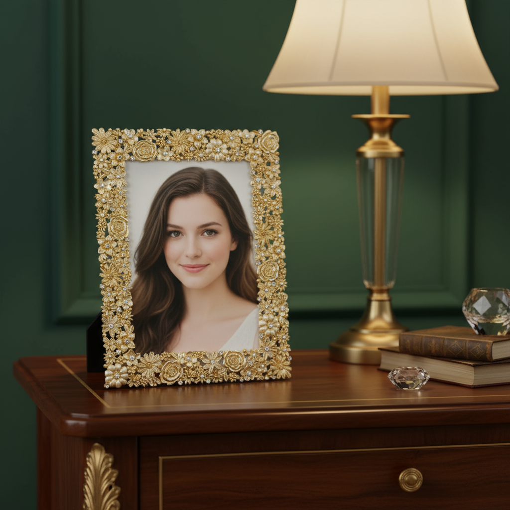 Gold Everleigh frame with a portrait on a table with a lamp in the background.