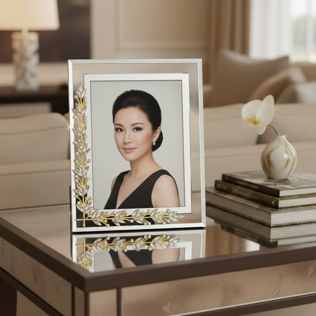 Gold Laurel frame on a mirrored table with a blurred indoor setting