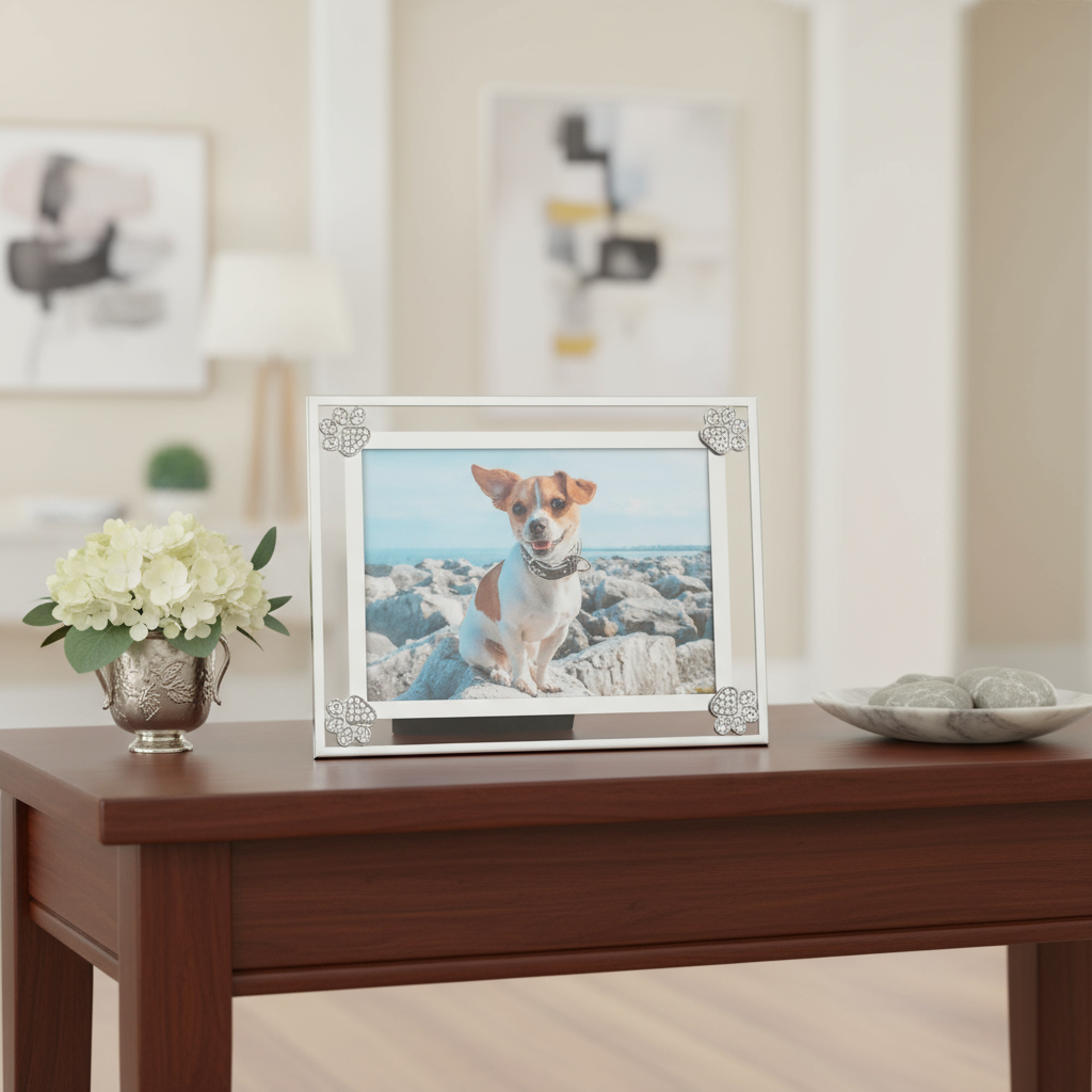 Paw Print frame with picture of a dog on a wooden table with decorative items.