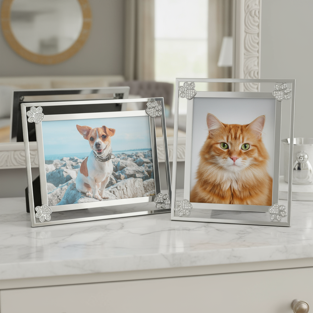 Two Paw Print frames with decorative embellishments on a marble surface.