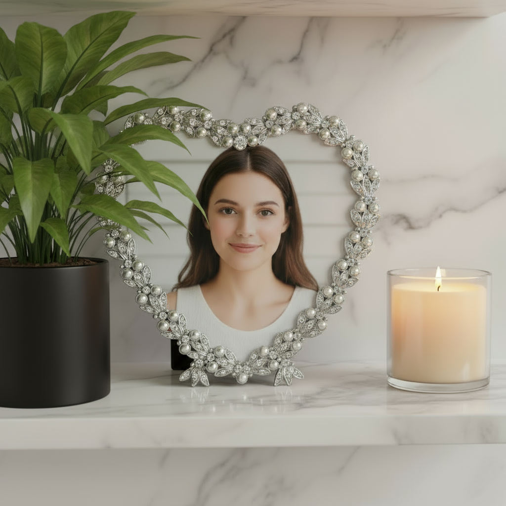 Heart-shaped Contessa frame with a photo of a woman, plant, and candle on a marble surface