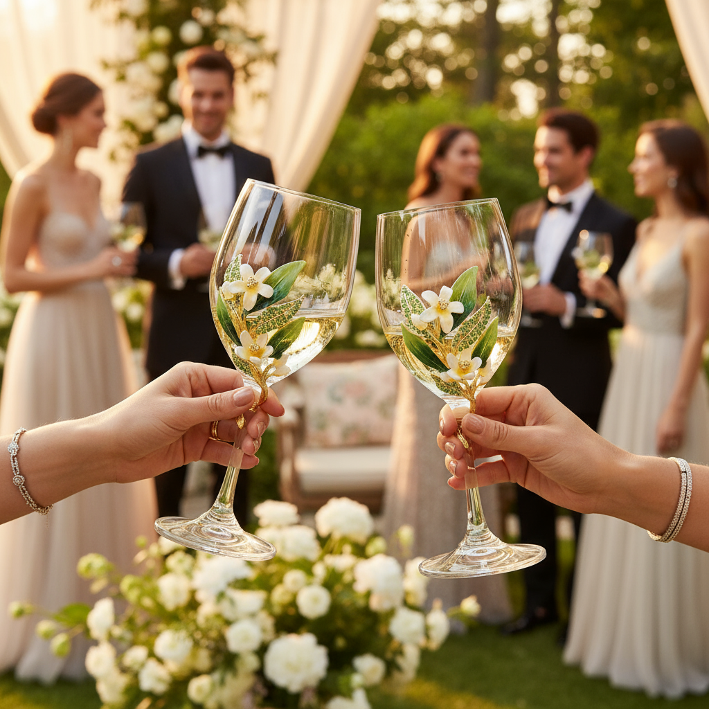 Two hands holding Hannah wine glasses with floral decorations, surrounded by a wedding party outdoors.