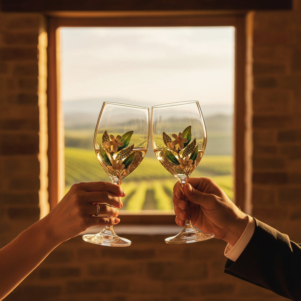 Two hands holding Hannah wine glasses  in front a a window with a vineyard view.