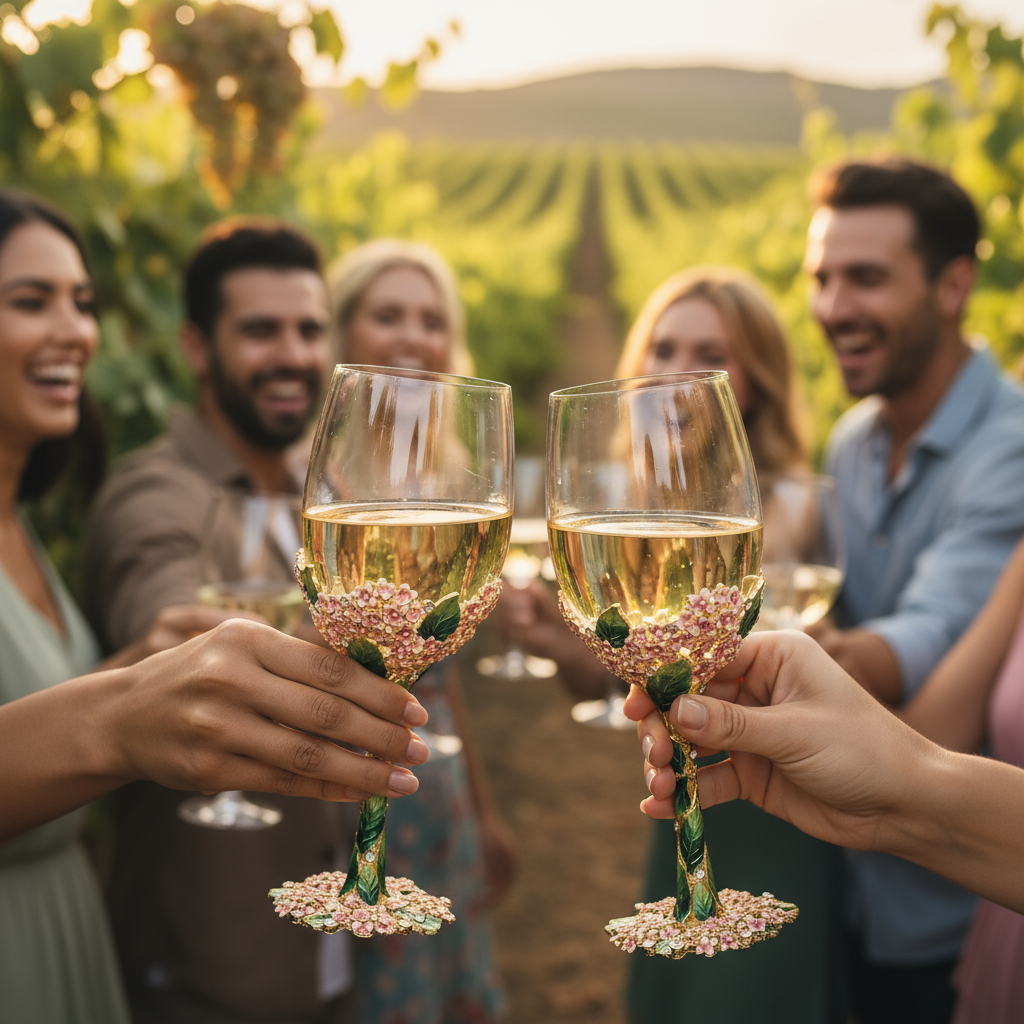 Group of people toasting with Lantana wine glasses in a vineyard setting