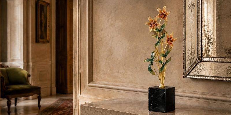 Splendora Sculpture on natural stone mantel against a paneled wall
