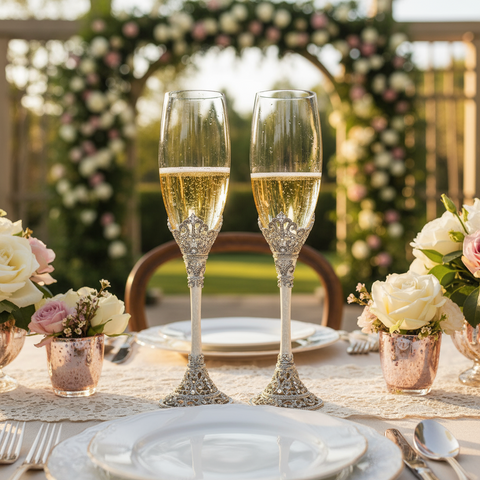Celebration flutes on an outdoor  wedding reception table.