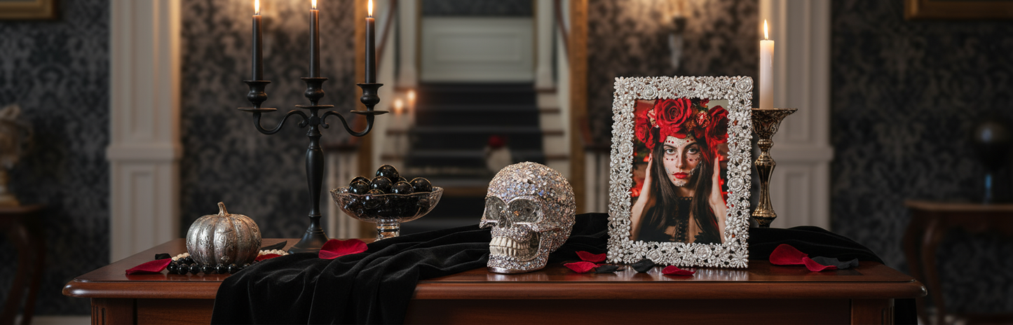 Everleigh Skull Box with a Day of the Dead portrait in a Silver Everleigh frame in a dimly lit room.