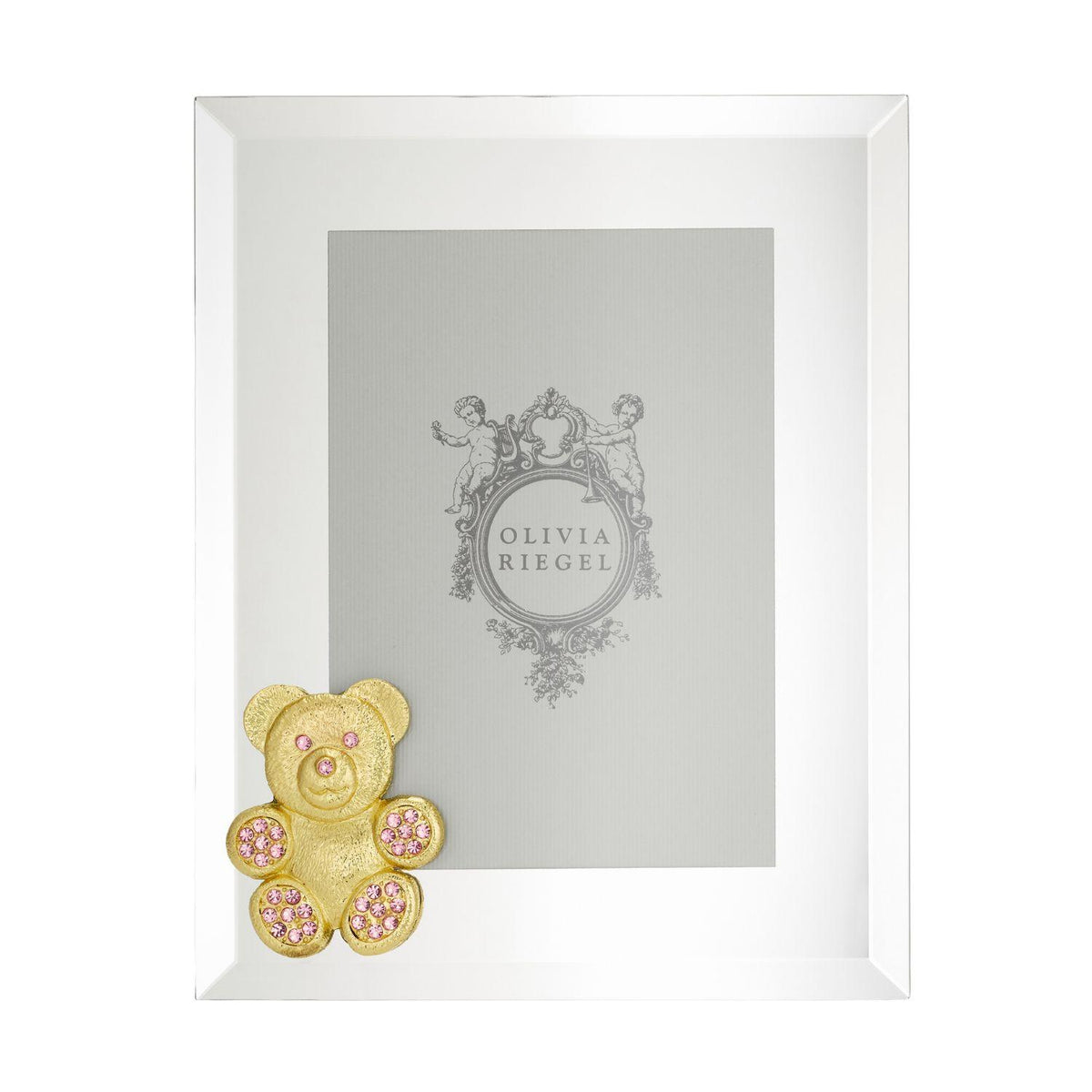 Teddy Bear 5 by 7 Frame with textured gold bear in bottom left corner with pink crystals on paws and face, vertical orientation.