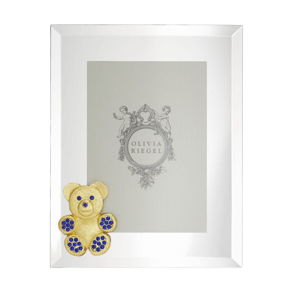 Teddy Bear 5 by 7 Frame with textured gold bear in bottom left corner with blue crystals on paws and face, vertical orientation.