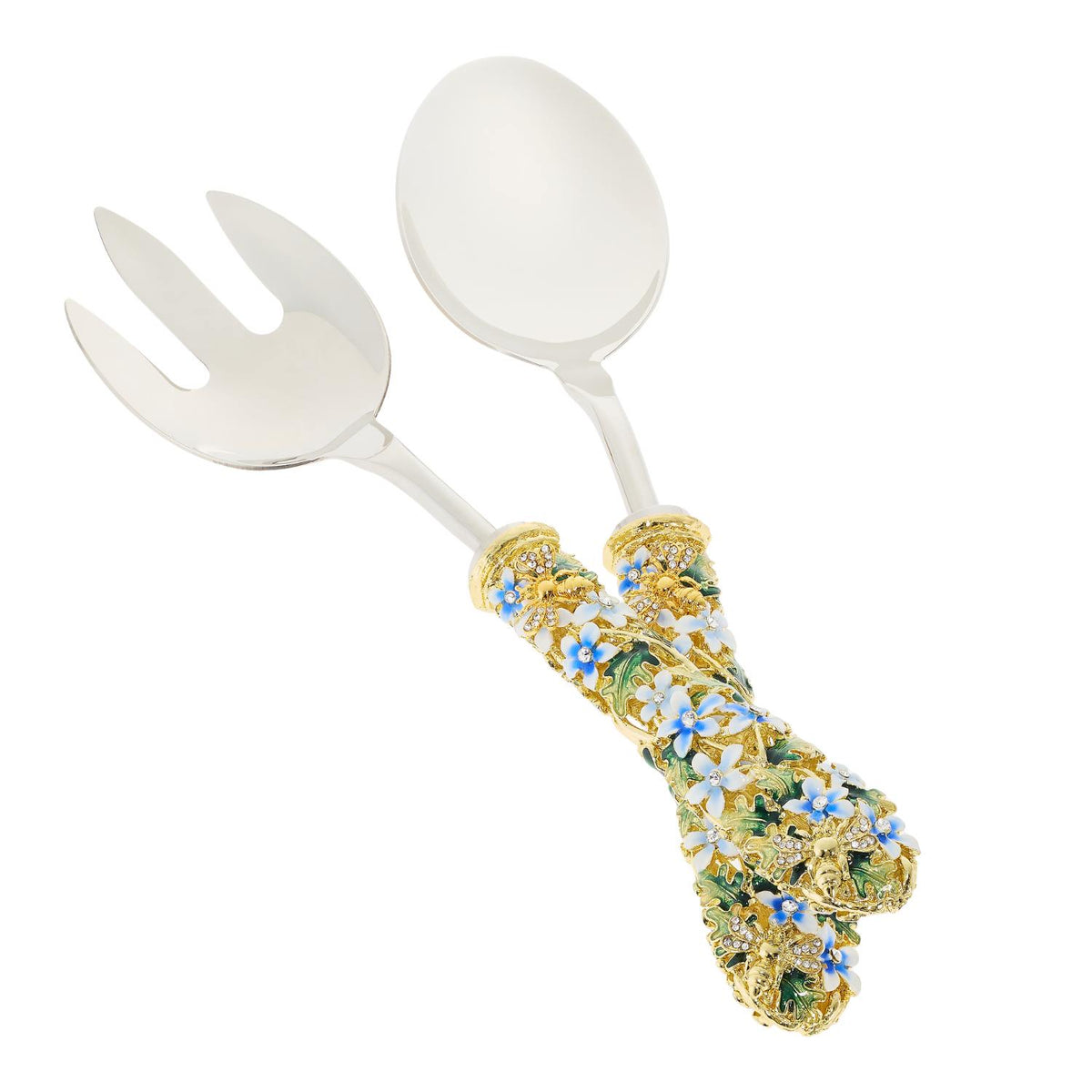 Daphne Salad Serving Set accented with tiny blue and green floral pattern. Salad fork and spoon.