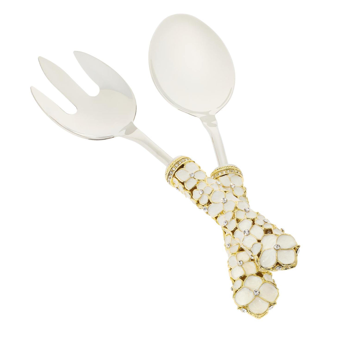 Dogwood Salad Serving Set with ivory enamel floral pattern handled serving fork and spoon.