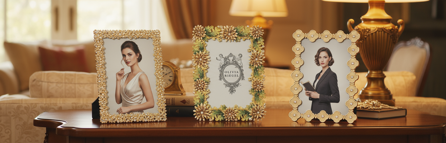 Three 4x6 picture frames on a table with a blurred background of a living room.