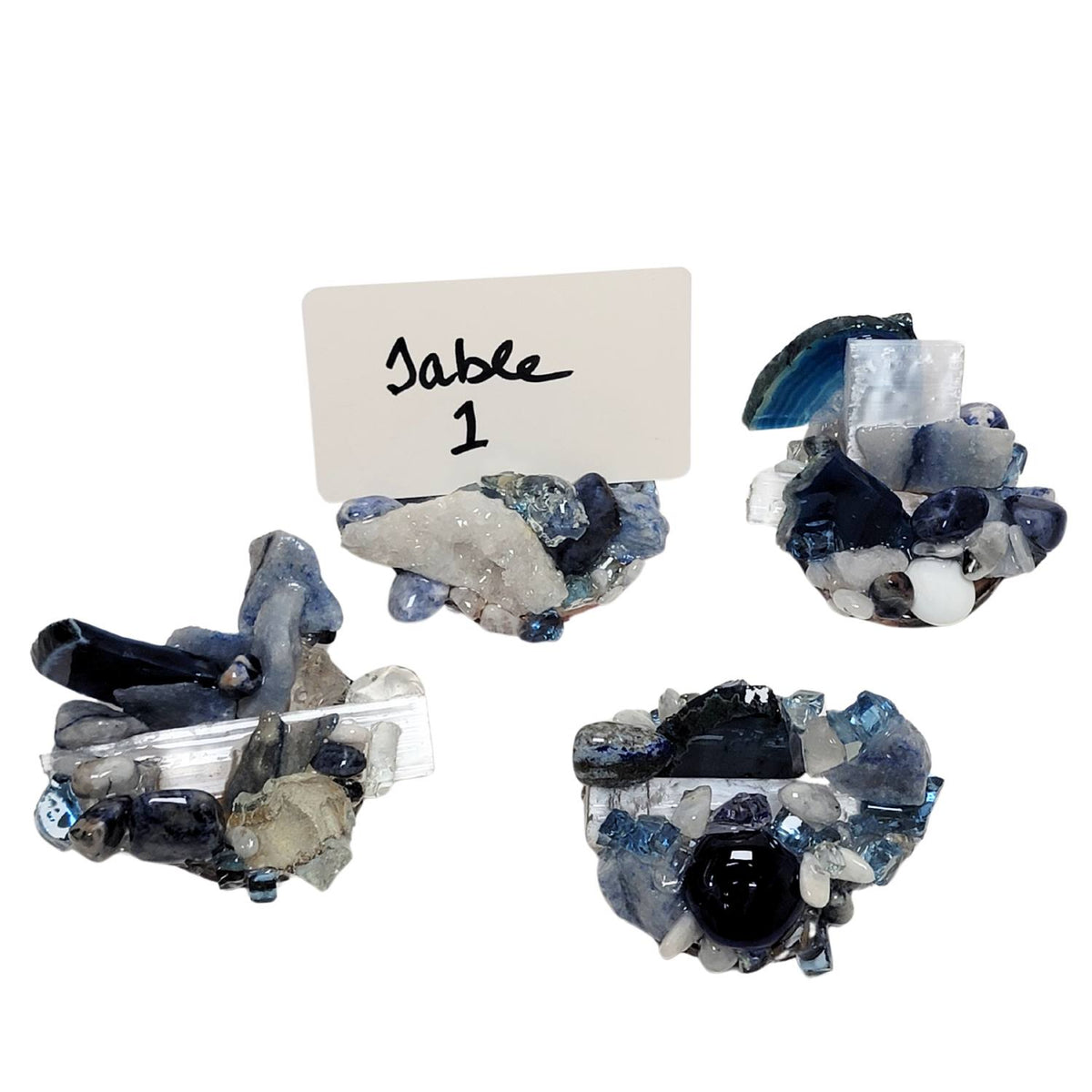 4 Azure Place Card Holders with cluster of blue, clear and white minerals.