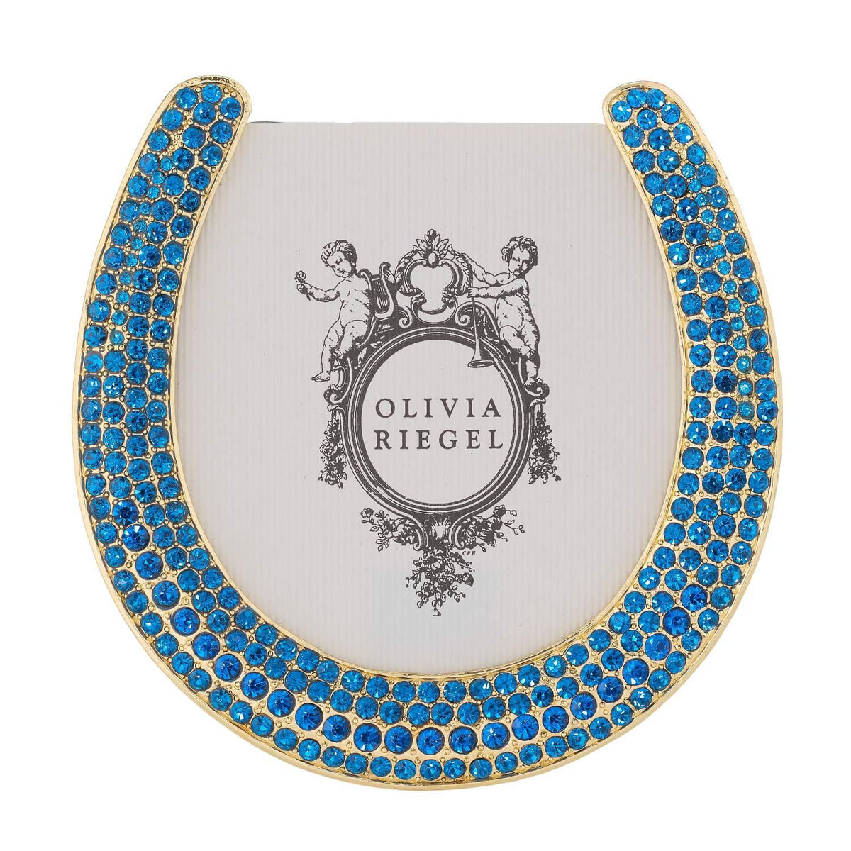 Gold Horseshoe-shaped Frame with 4 rows of Capri Blue Stones on the border.