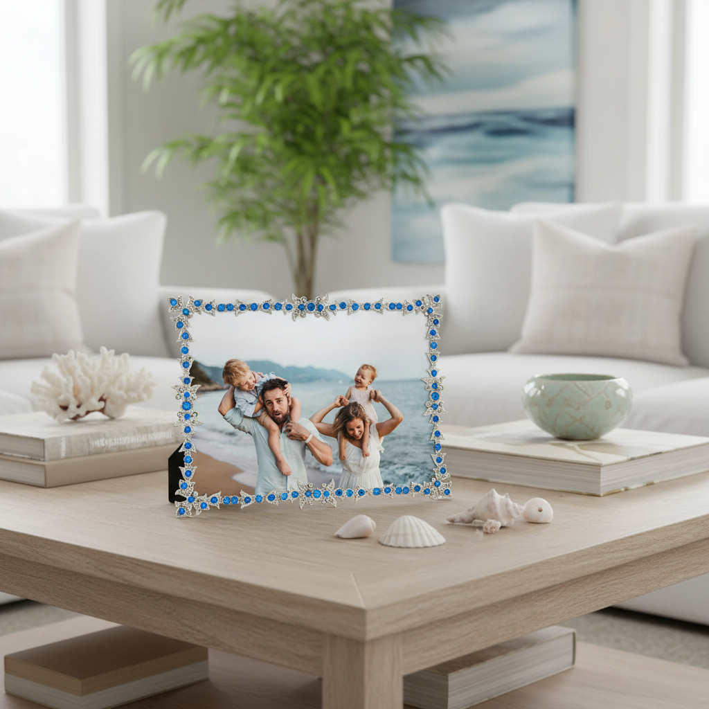 Luxembourg Capri frame with a family picture on a coffee table in a beachy living room.
